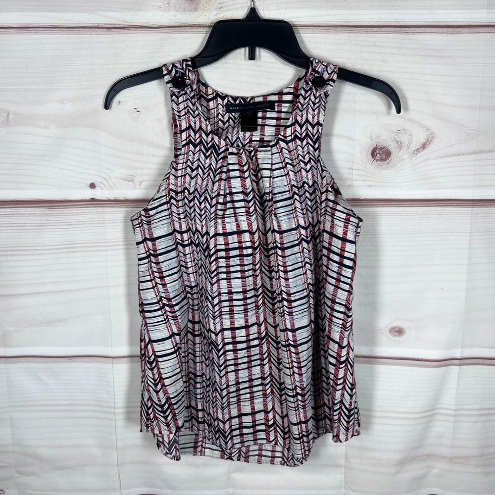 Marc By Marc Jacobs Top Women XS White Red Blue Sleeveless Pleated Chevron Plaid